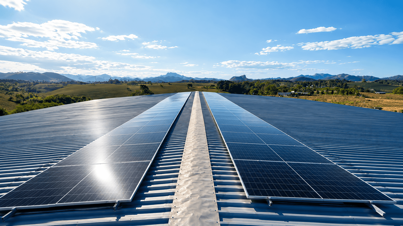Usina fotovoltaica instalada em telhado metálico, com paisagem de montanhas ao fundo
