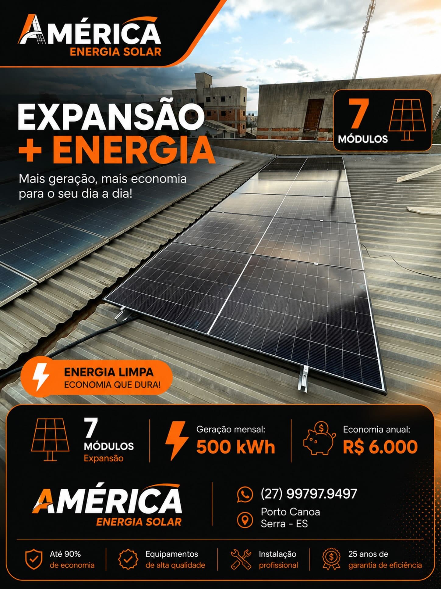 Arte de expansão de sistema com 7 novos módulos em telhado metálico