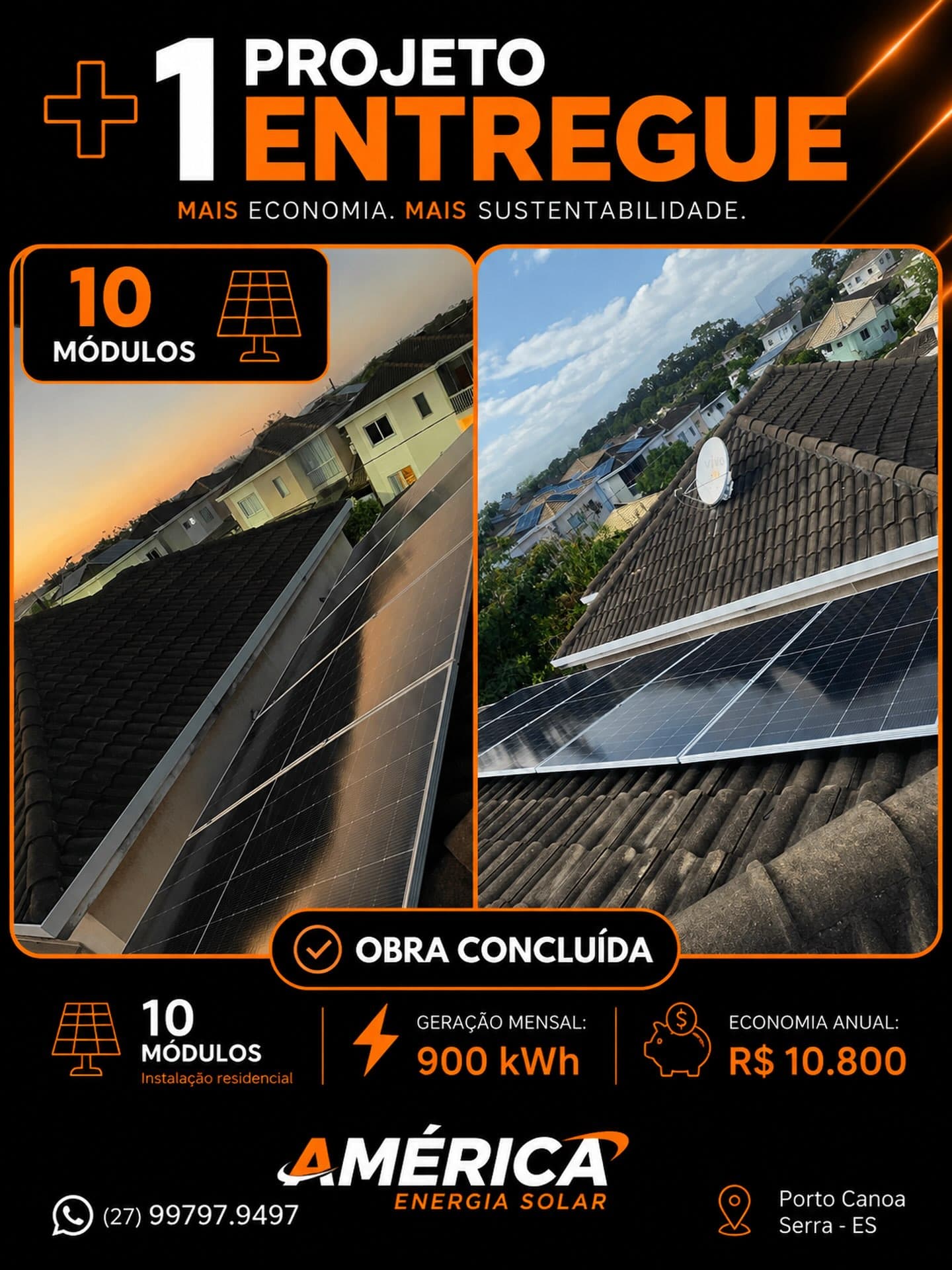 Arte da América Energia Solar mostrando instalação residencial de 10 módulos com geração de 900 kWh por mês