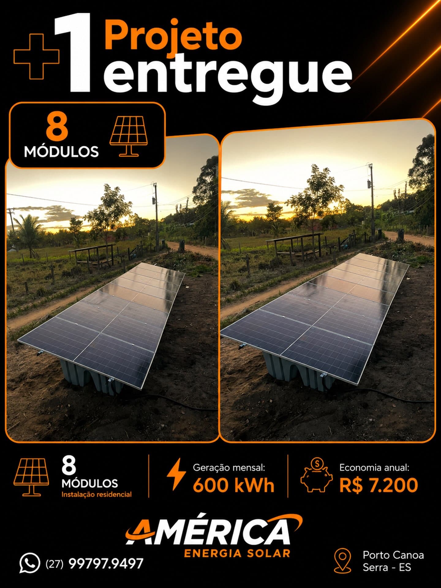 Arte mostrando usina de solo de 8 módulos instalada em área rural ao pôr do sol