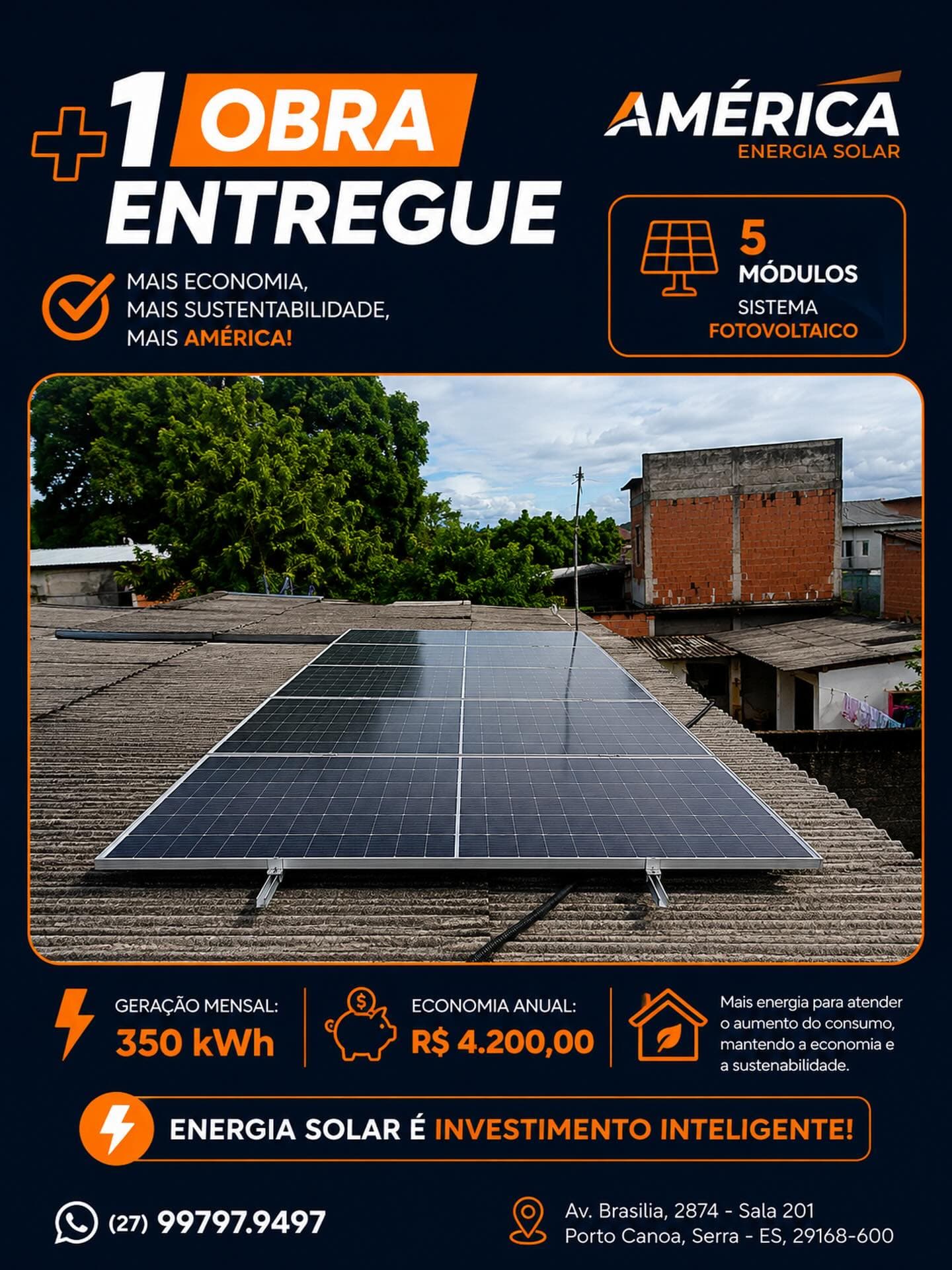 Arte de obra entregue com 5 módulos e geração de 350 kWh por mês