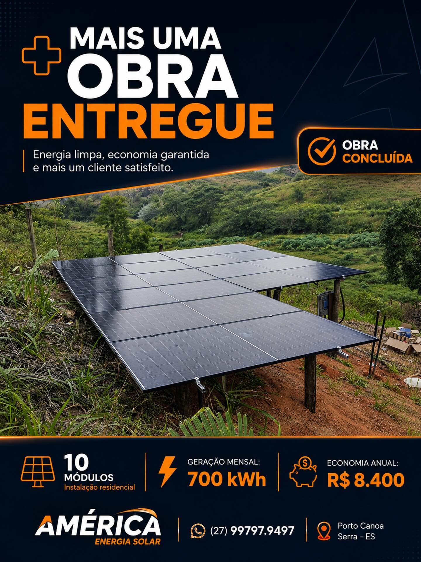 Arte de instalação fotovoltaica concluída pela equipe da América Energia Solar