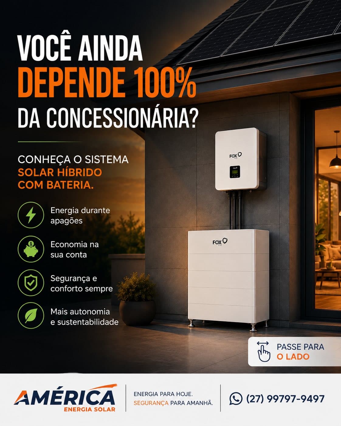 Sistema solar híbrido com bateria FOX ESS, com inversor e bateria integrados, oferecido pela América Energia Solar